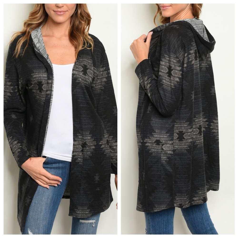 Black/Navy Navajo Pattern Knit Cardigan Hoodie